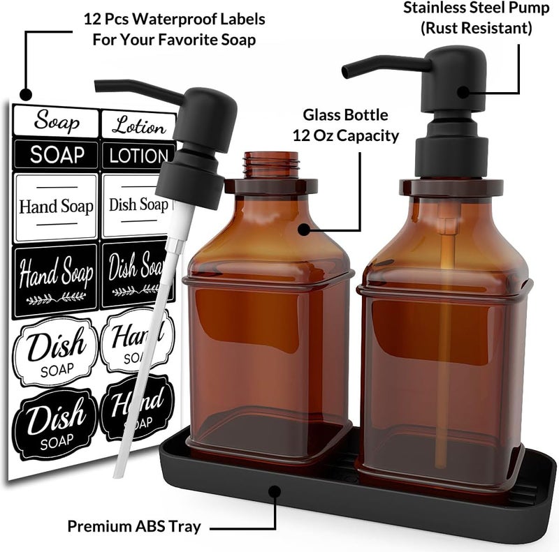 LMQML Soap Dispenser - 2 Pack, Antique Design Thick Amber Glass Hand Soap Dispensers with Sturdy Tray; 304 Rust Proof Stainless Steel Black Pump, 12Pcs Stickers, for Kitchen, Bathroom- Black - Image 2